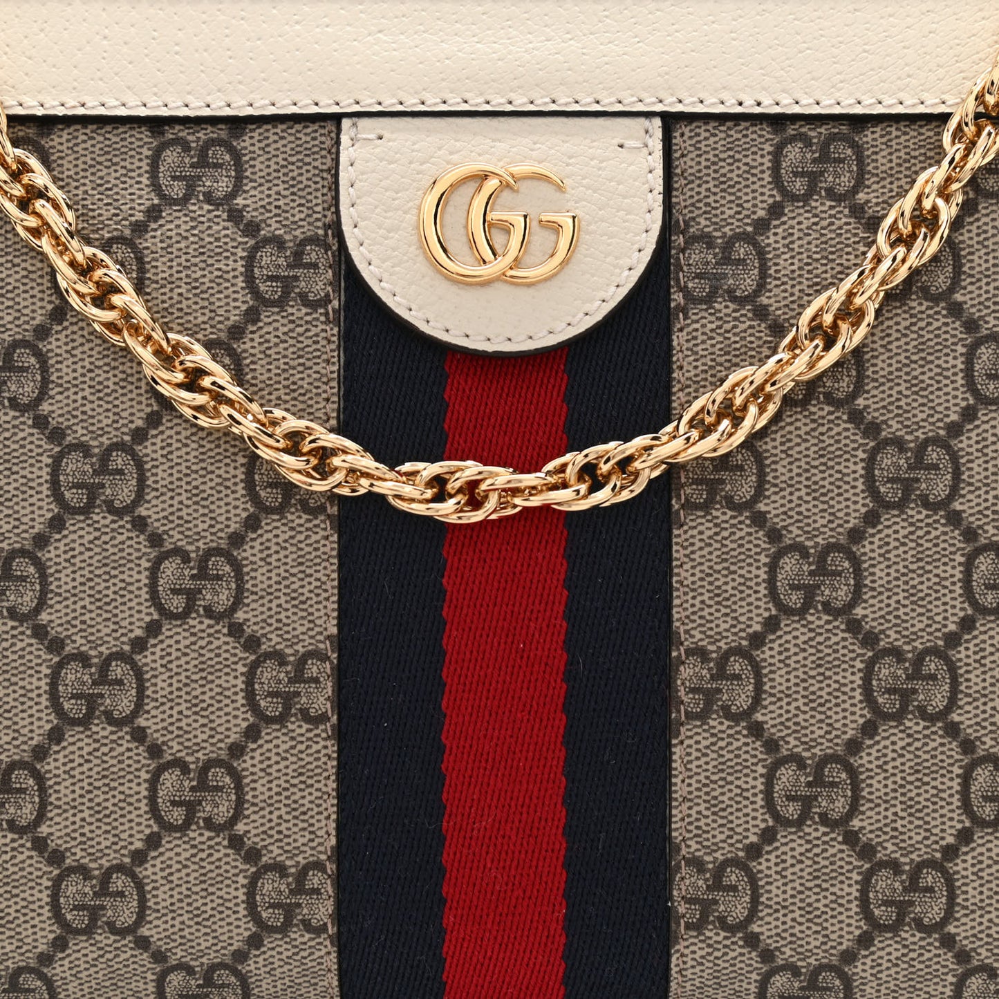 GG Supreme Monogram Textured Calfskin Web Small Ophidia Chain Shoulder Bag Beige Ebony Mystic White