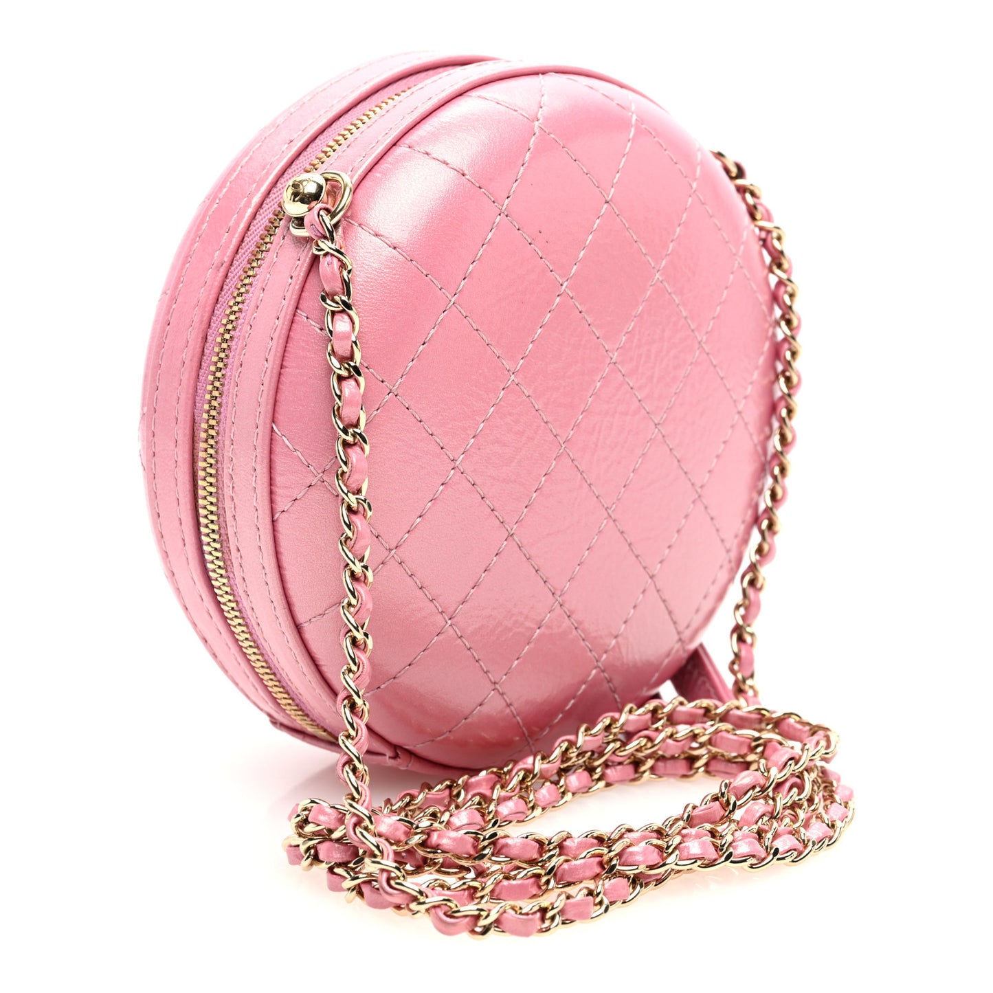 Iridescent Lambskin Quilted Round Clutch With Chain Pink