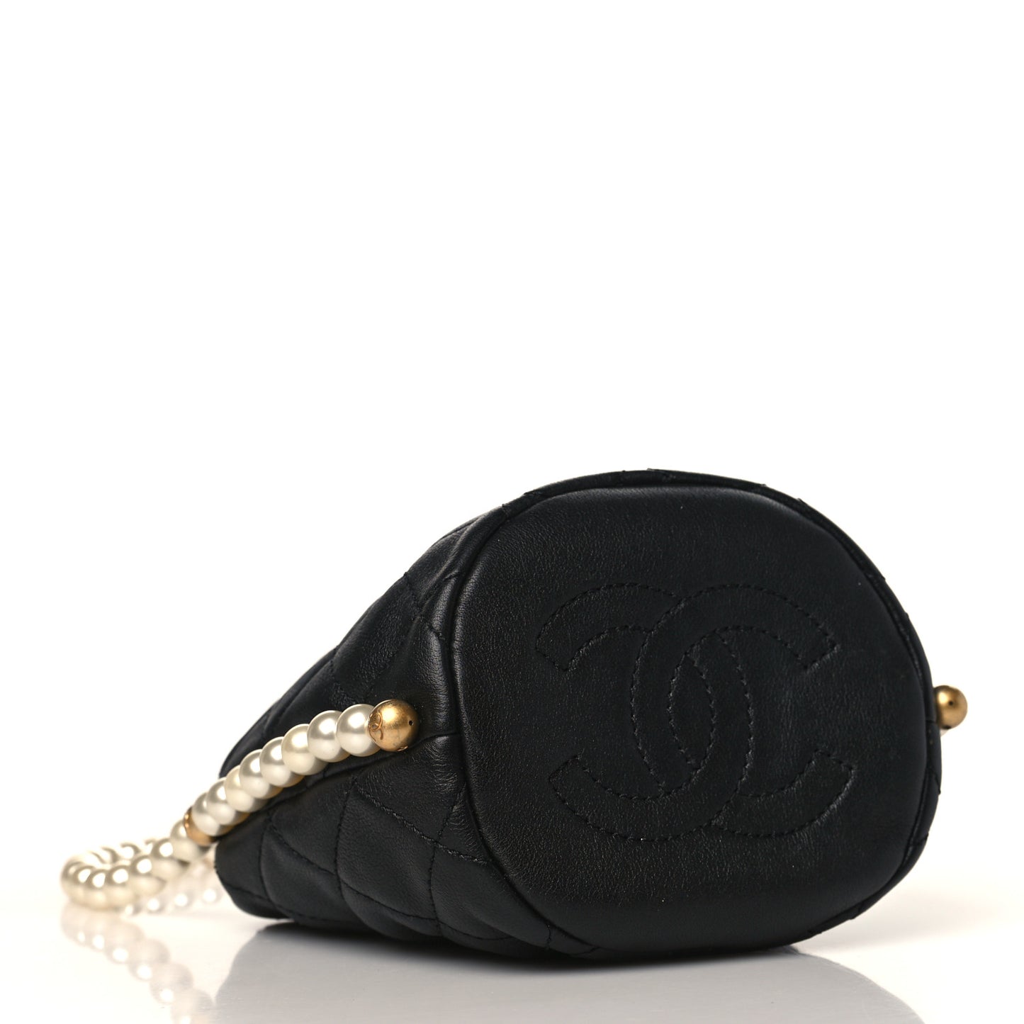 Calfskin Quilted Pearl Mini About Pearls Drawstring Bucket Bag Black