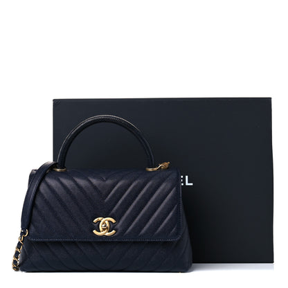 Chanel Caviar Lizard Quilted Chevron Small Coco Handle Flap Navy Blue 12 of 12