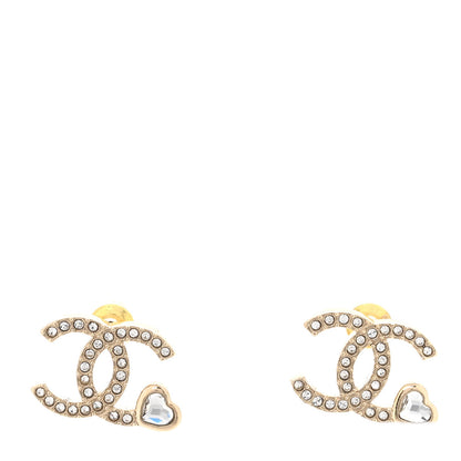 Chanel Metal Crystal CC Heart Earrings Light Gold 1 of 5