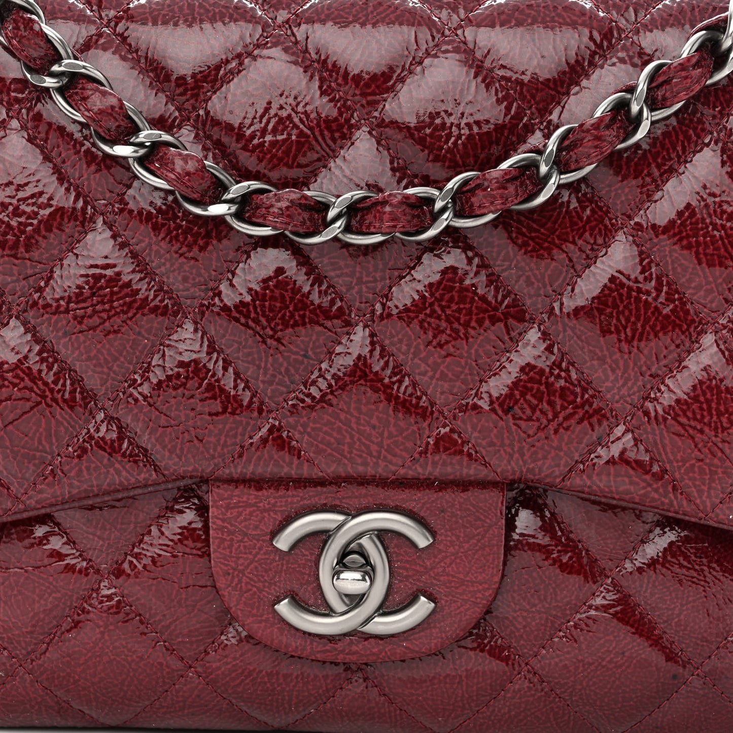Crinkled Patent Quilted Jumbo Single Flap Burgundy