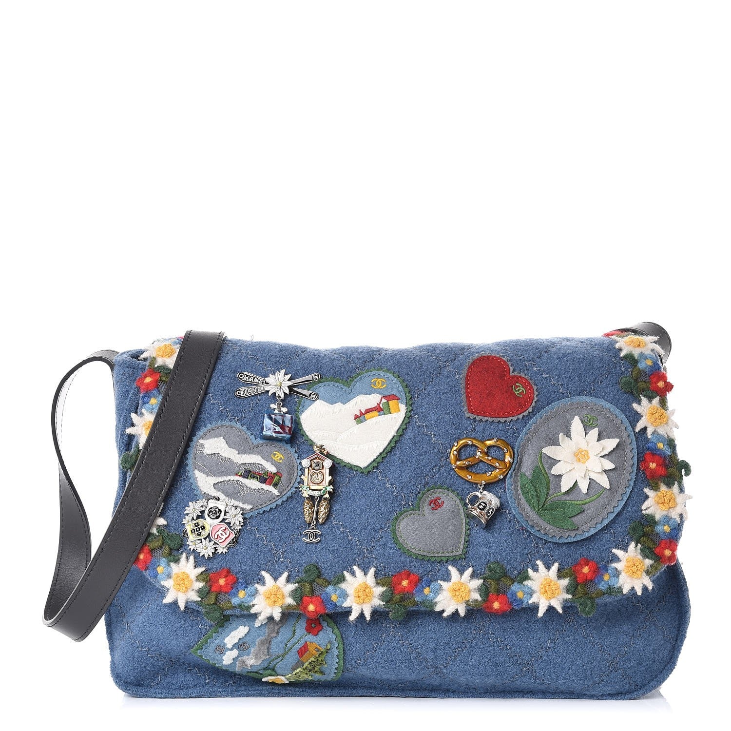 Chanel Felt Embroidered Large Crest Austrian Satchel Blue 1 of 7