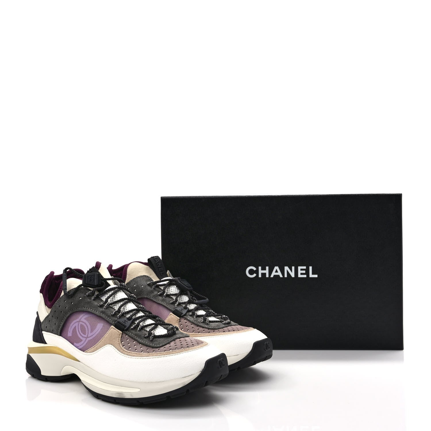 Chanel Fabric Suede Calfskin Mesh Womens CC Sneakers 40 White Grey Purple 9 of 9