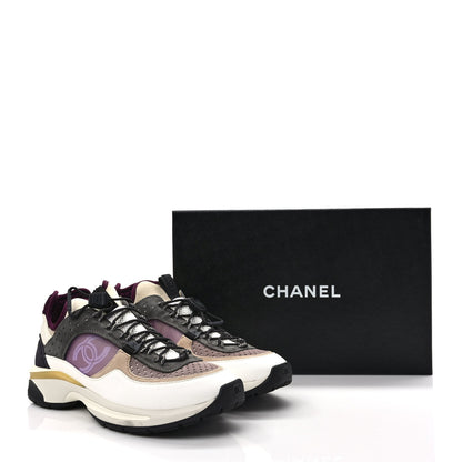 Chanel Fabric Suede Calfskin Mesh Womens CC Sneakers 40 White Grey Purple 9 of 9
