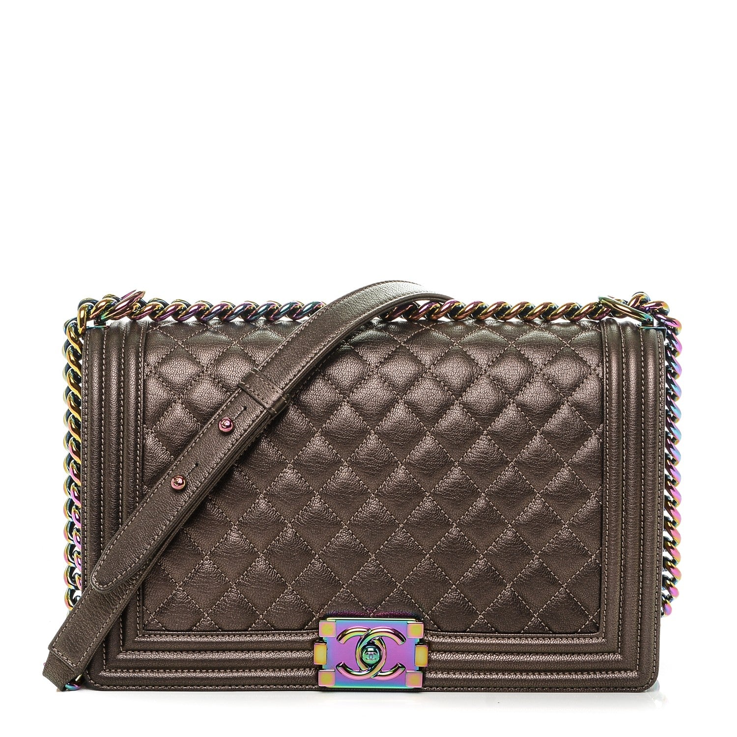 Chanel Iridescent Goatskin Quilted New Medium Boy Flap Dark Gold 1 of 7