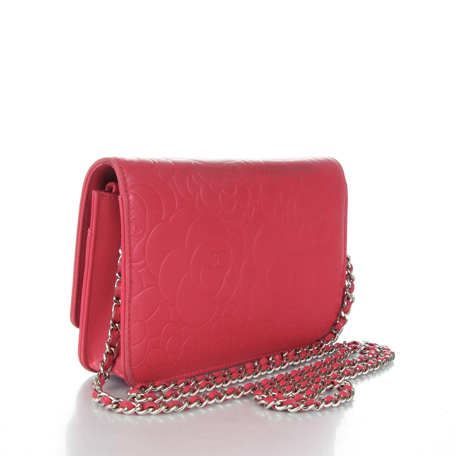 Chanel Lambskin Camellia Embossed Wallet on Chain WOC Pink 3 of 11