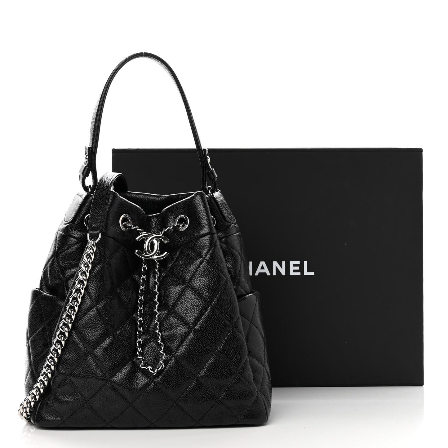 Caviar Flat Quilted CC Chain Bucket Drawstring Bag Black