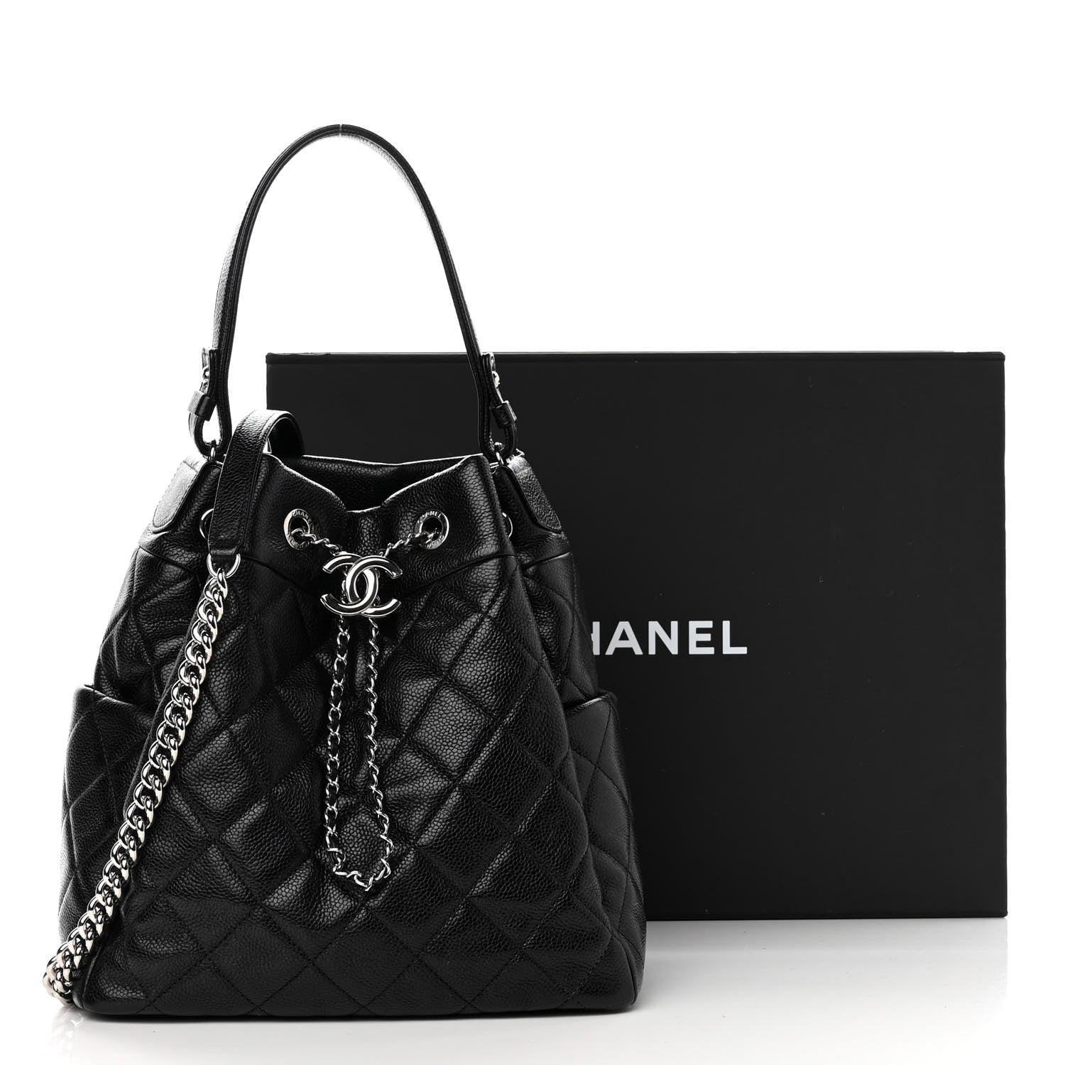 Chanel Caviar Flat Quilted CC Chain Bucket Drawstring Bag Black 11 of 11