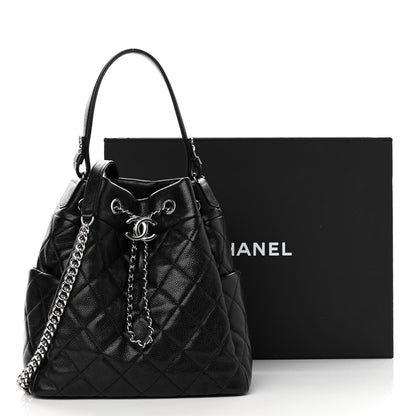 Chanel Caviar Flat Quilted CC Chain Bucket Drawstring Bag Black 11 of 11