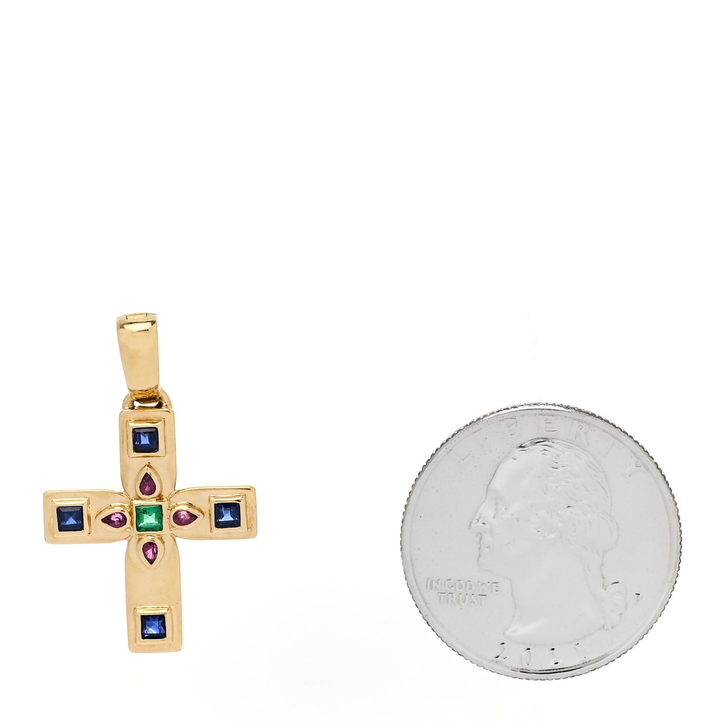 18K Yellow Gold Blue Sapphire Ruby Emerald Byzantine Cross Pendant