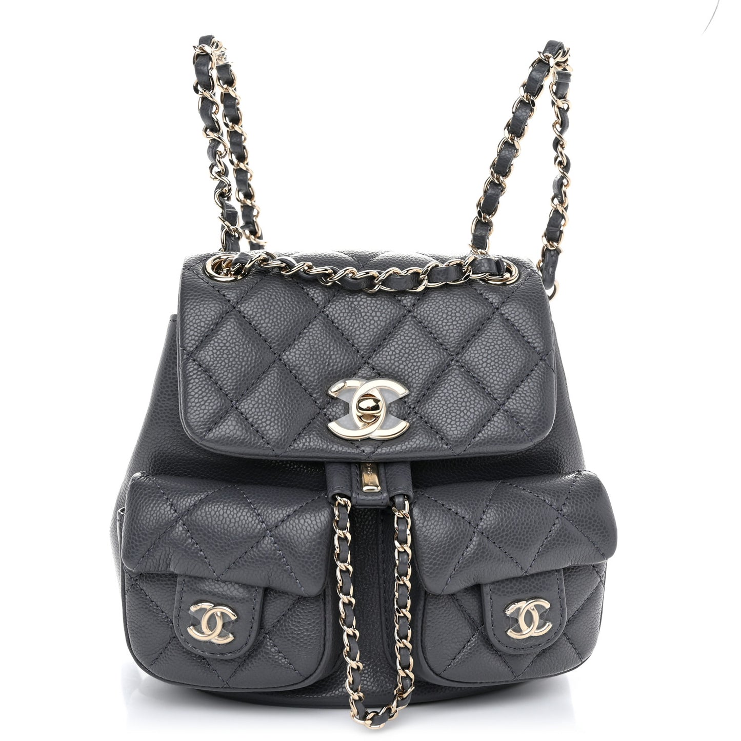 Shiny Caviar Quilted Small Duma Pockets Drawstring Backpack Grey