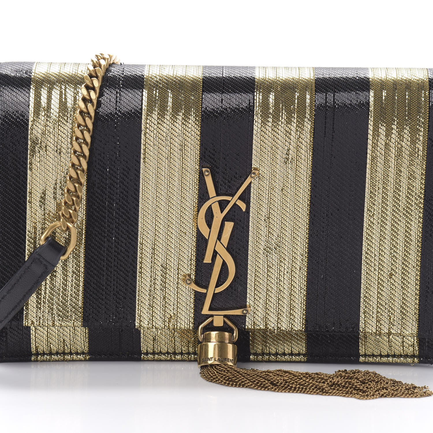 Saint Laurent Sequin Striped Classic Monogram Kate Tassel Chain Wallet Black Gold 8 of 13