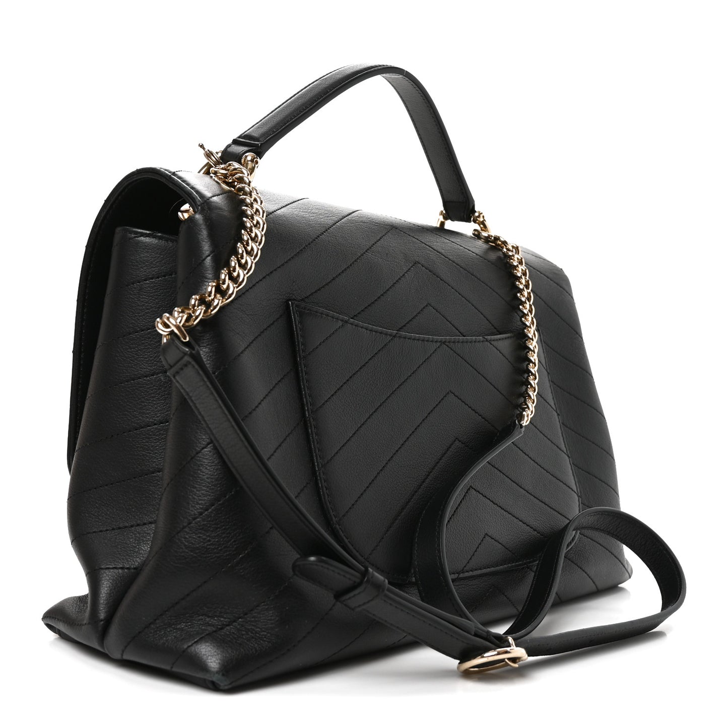 Grained Calfskin Chevron Stitched Medium Chic Top Handle Flap Black