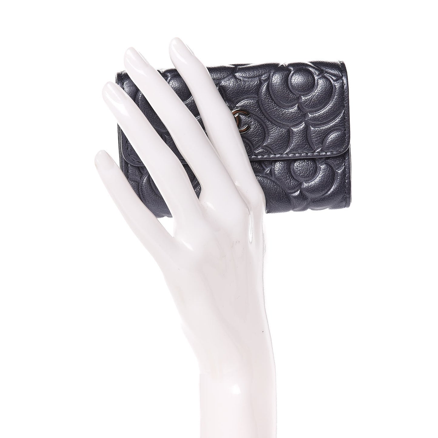 Goatskin Camellia Embossed Card Holder Blue