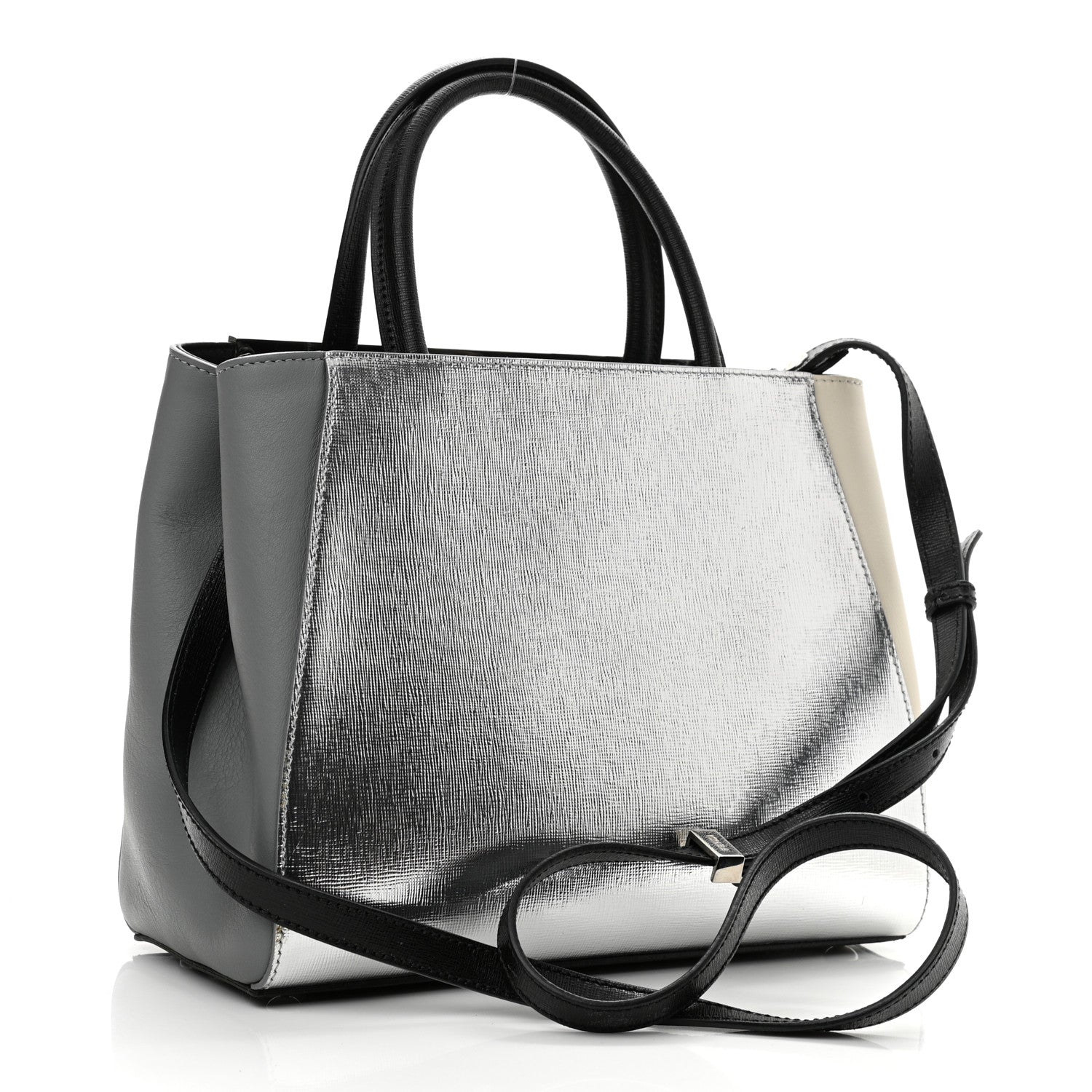 Fendi Vitello Elite Calfskin Colorblock Petite 2Jours Tote Black Multicolor White Argento 3 of 9