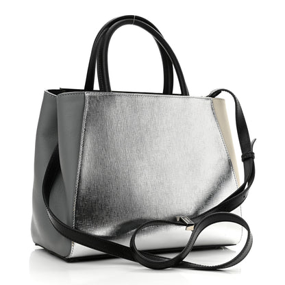 Fendi Vitello Elite Calfskin Colorblock Petite 2Jours Tote Black Multicolor White Argento 3 of 9