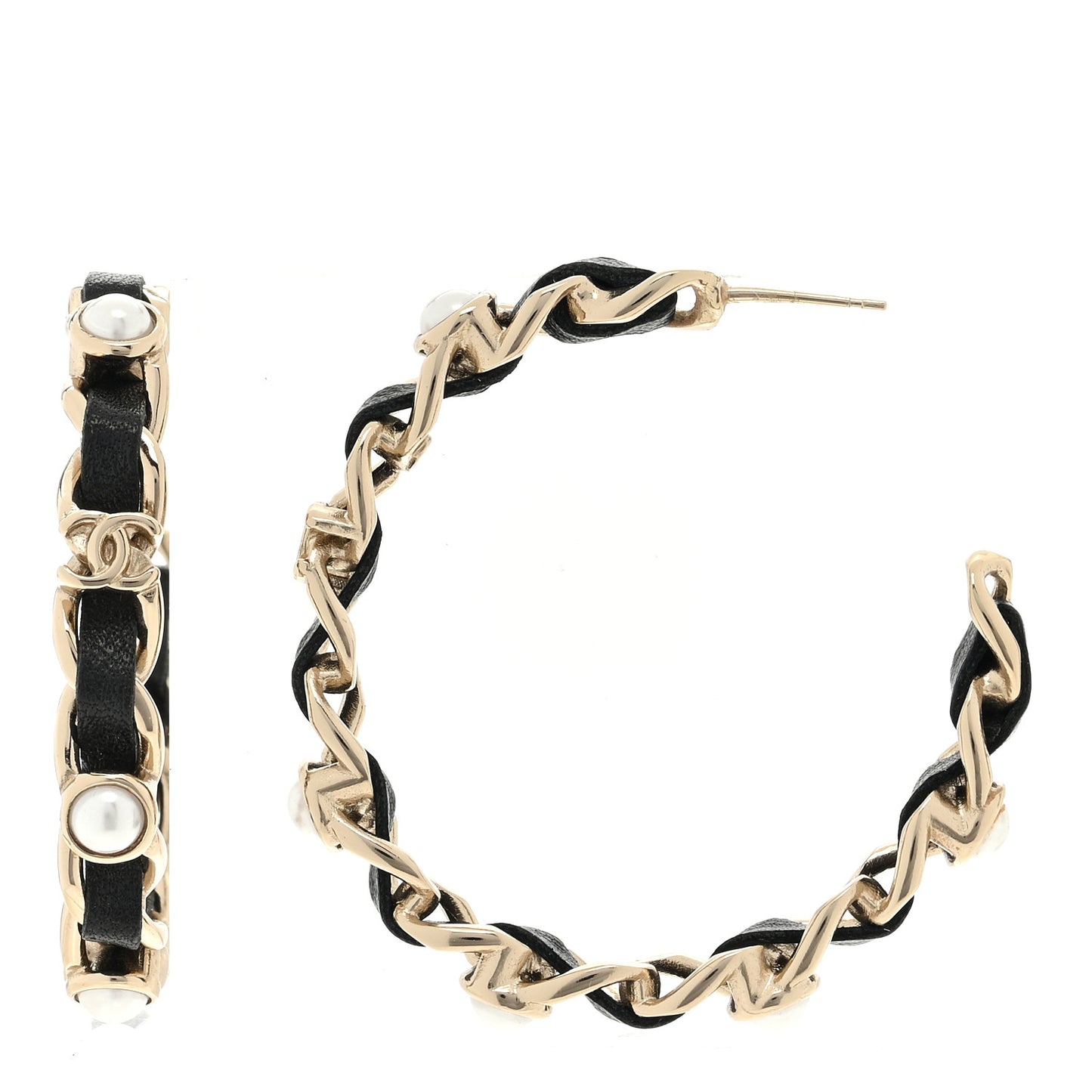 Lambskin Pearl More Is More CC Chain Hoop Earrings Gold Black