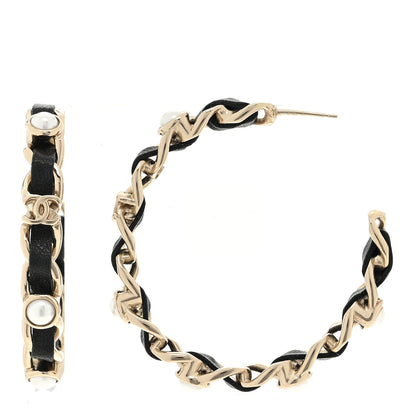 Chanel Lambskin Pearl More Is More CC Chain Hoop Earrings Gold Black 1 of 4