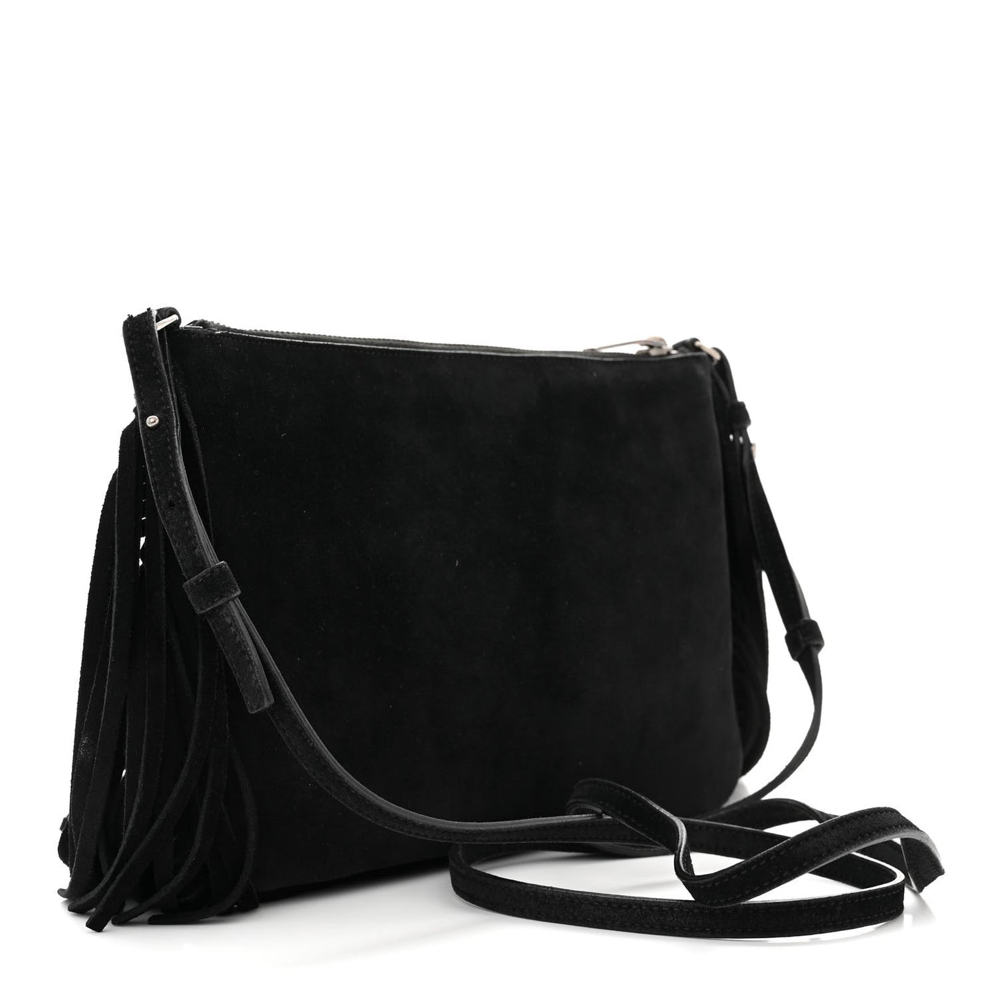 SAINT LAURENT Suede Calfskin Small Fringe Crossbody Bag Black