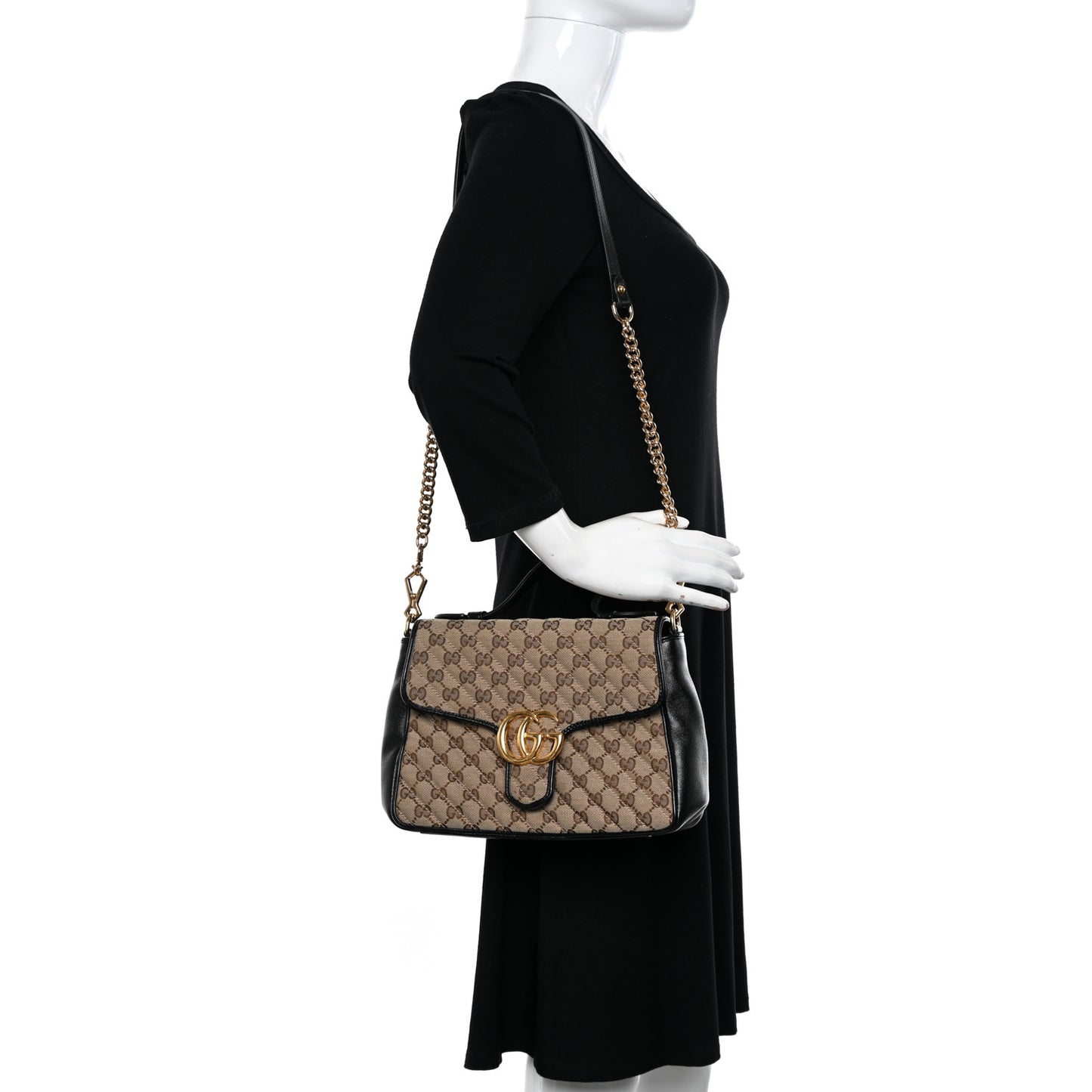 Monogram Azalea Calfskin Matelasse Diagonal Small GG Marmont Top Handle Shoulder Bag Beige Ebony Black