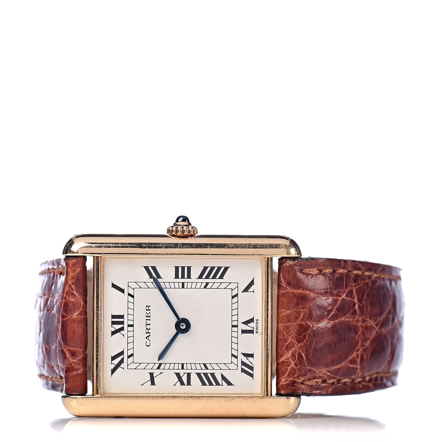 18K Yellow Gold Alligator 24mm Tank Solo Quartz Watch Brown
