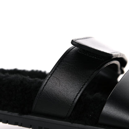Hermes Calfskin Woolskin Womens Chypre Sandals 37 Black 10 of 11