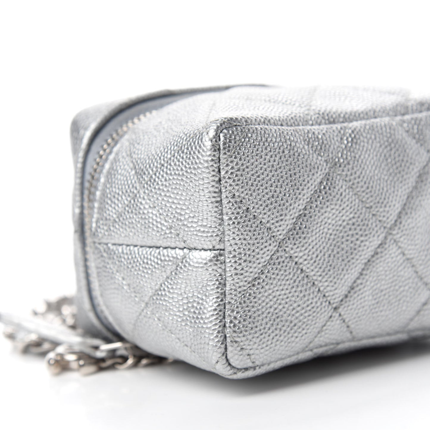 Metallic Caviar Quilted Mini Top Handle Vanity With Chain Silver