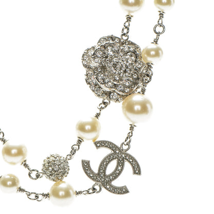 Chanel Pearl Crystal Camellia CC Long Necklace Silver 4 of 6