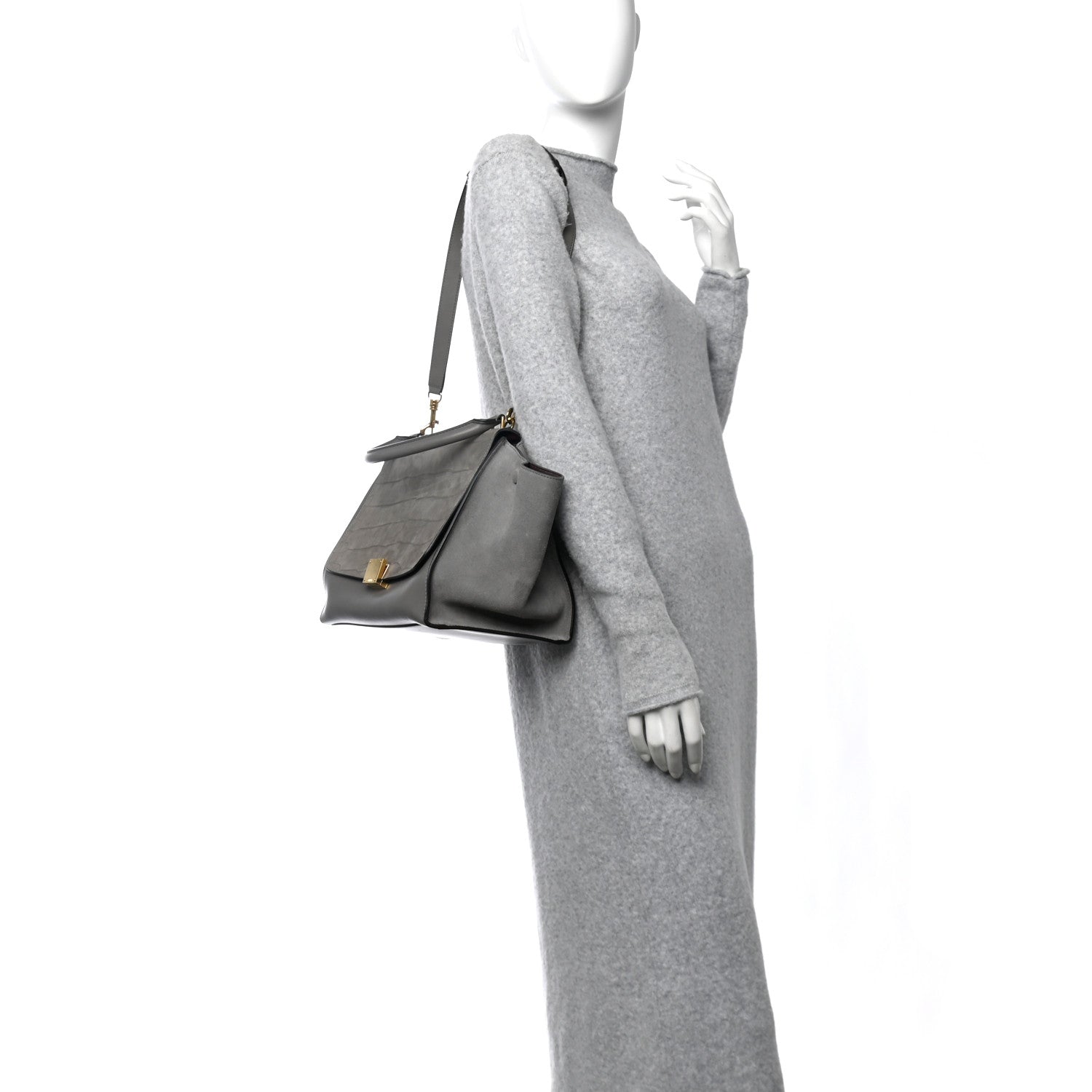 Celine Crocodile Embossed Nubuck Medium Trapeze Grey 3 of 10
