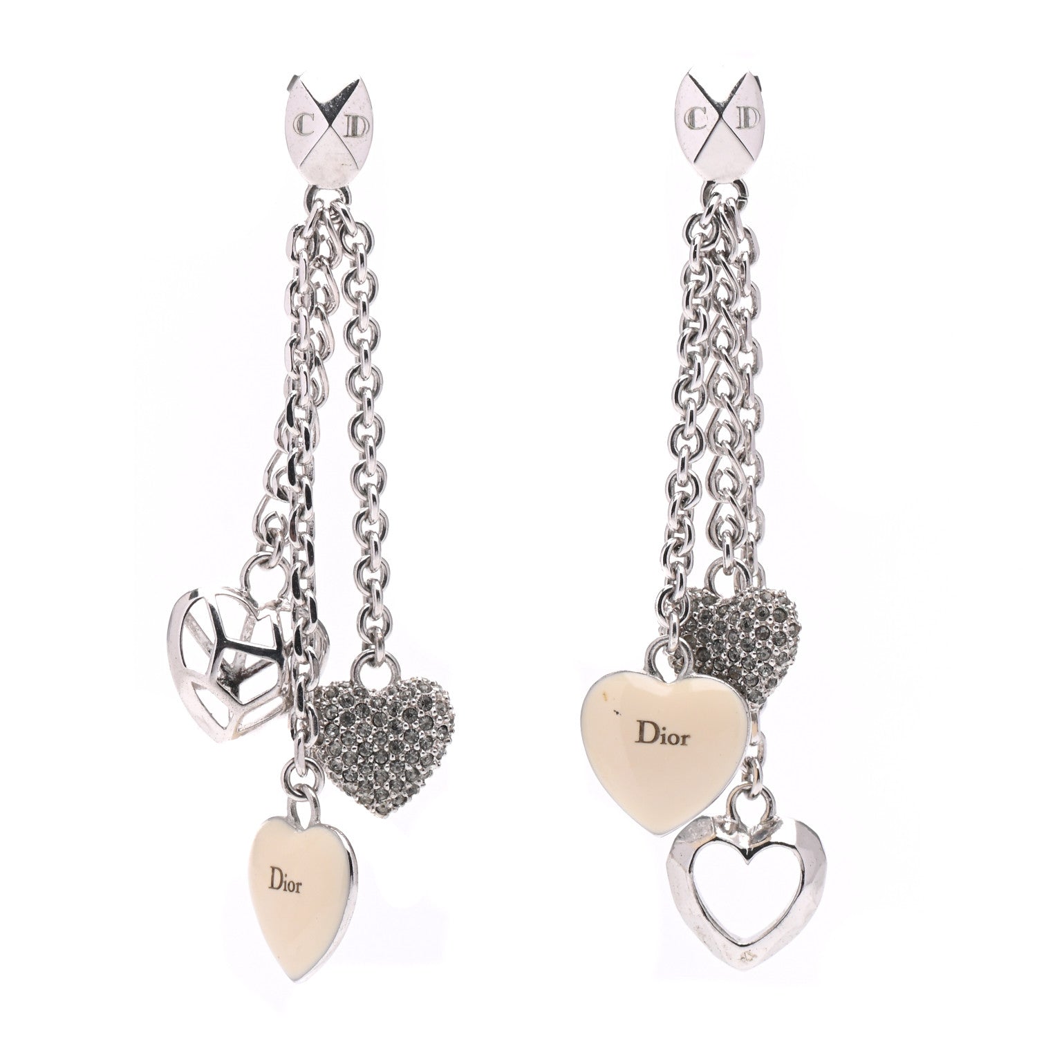 Christian Dior Crystal Heart Drop Earrings Silver 1 of 4