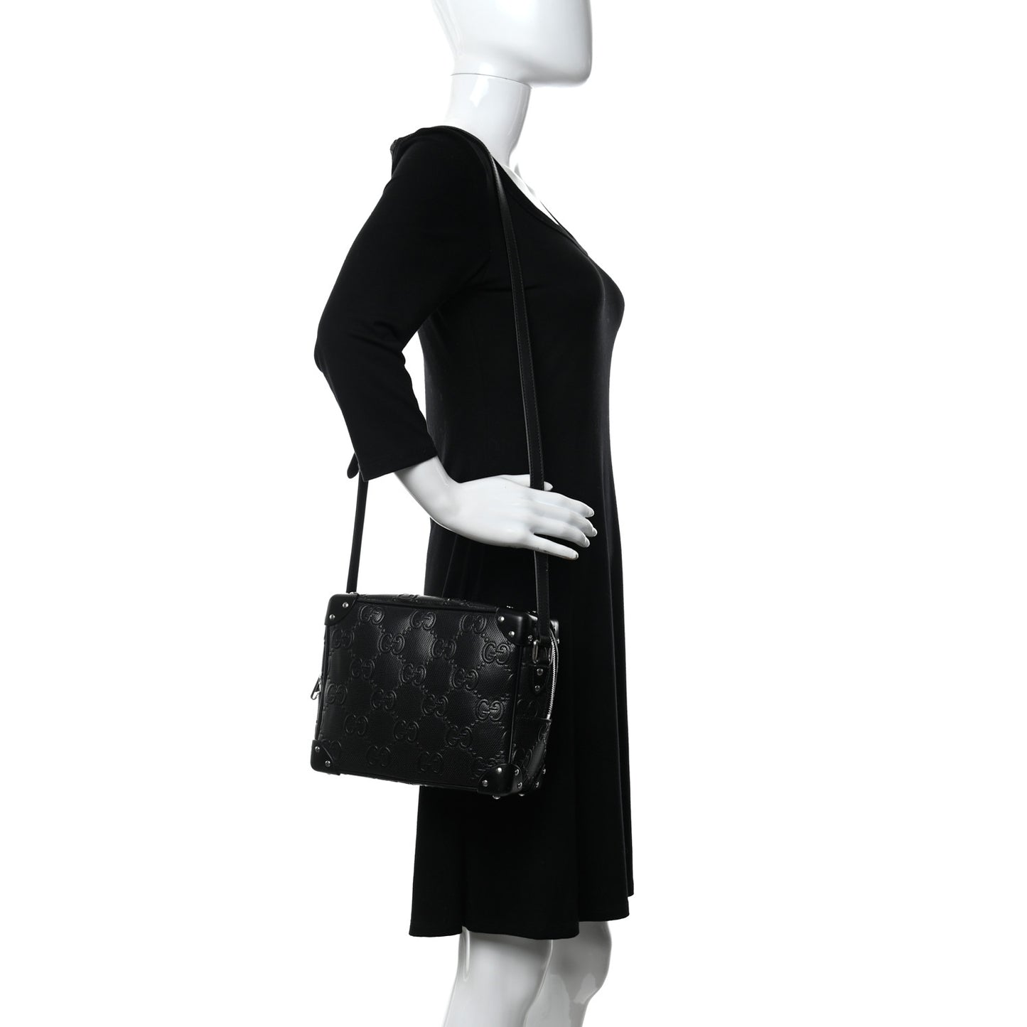 Calfskin GG Tennis Embossed Square Messenger Bag Black