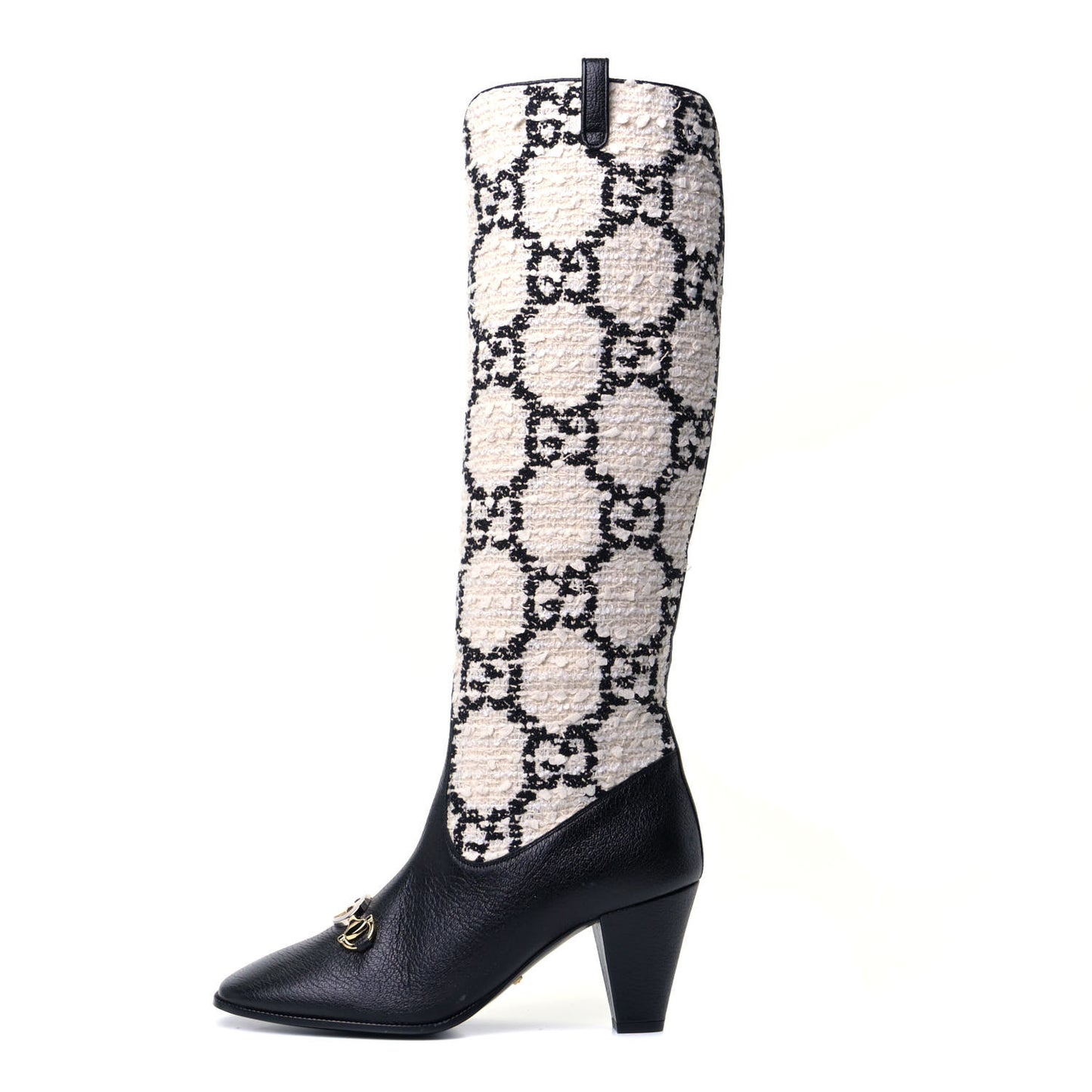 Tweed GG Monogram Wrinkled Kid Zumi Knee Boots 37.5 Natural Black
