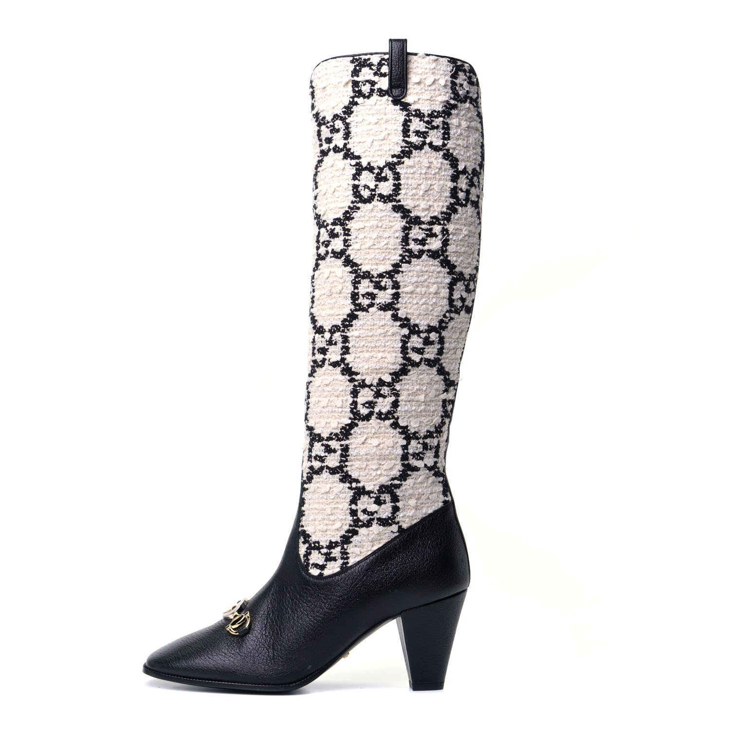 Gucci Tweed GG Monogram Wrinkled Kid Zumi Knee Boots 37.5 Natural Black 1 of 4