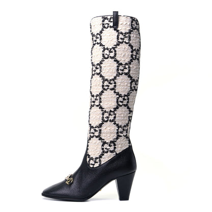 Gucci Tweed GG Monogram Wrinkled Kid Zumi Knee Boots 37.5 Natural Black 1 of 4