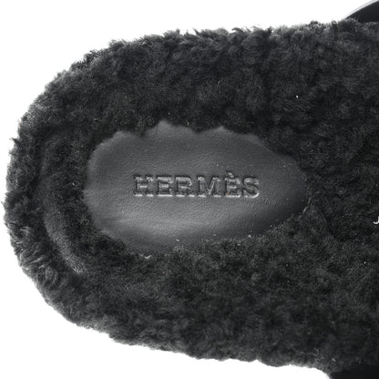 Hermes Calfskin Woolskin Womens Chypre Sandals 39.5 Black 7 of 9