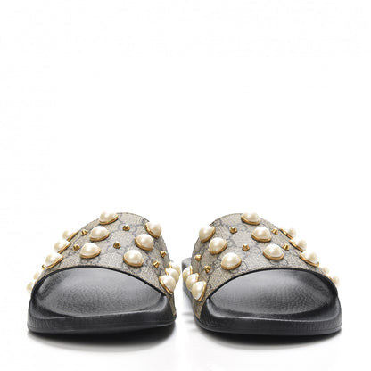 Gucci GG Supreme Monogram Slide Pearls Sandals 39 Beige 2 of 7