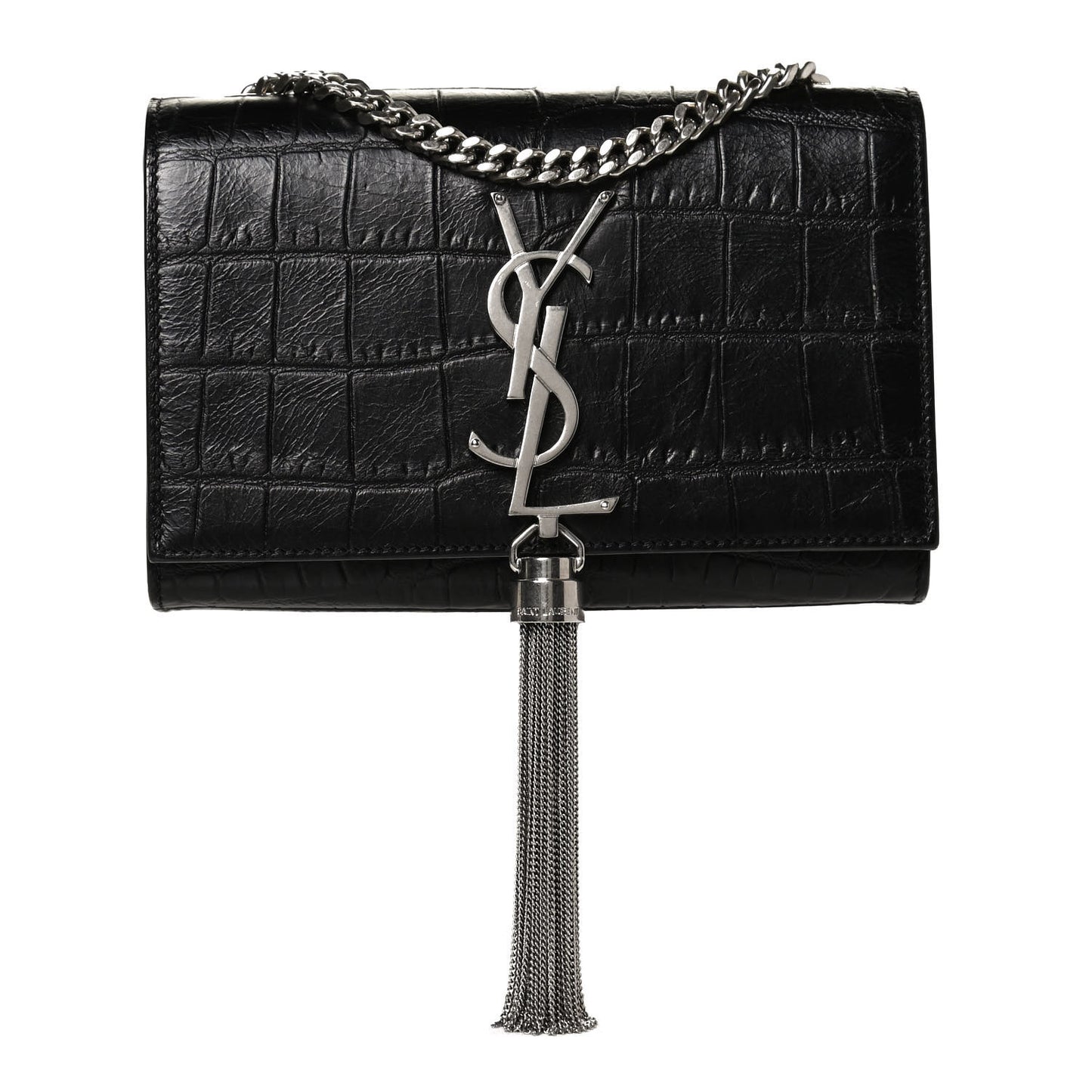 Calfskin Crocodile Embossed Small Classic Monogram Kate Tassel Satchel Black