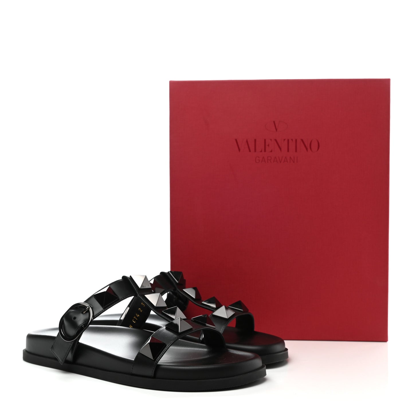 Calfskin Roman Stud Slide Sandals 37.5 Black