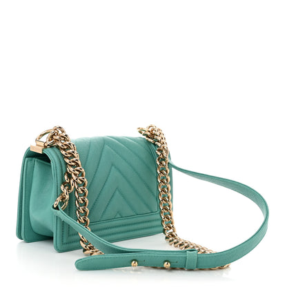 Chanel Caviar Chevron Quilted Small Boy Flap Green 3 of 12