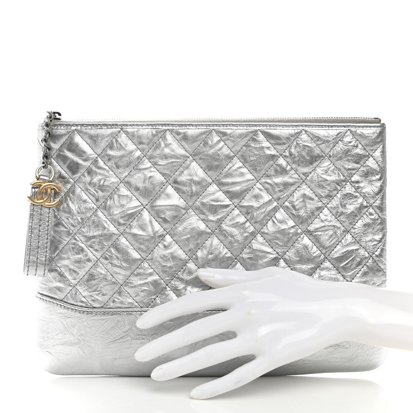 Metallic Crumpled Calfskin Quilted Medium Gabrielle Cosmetic Case Silver