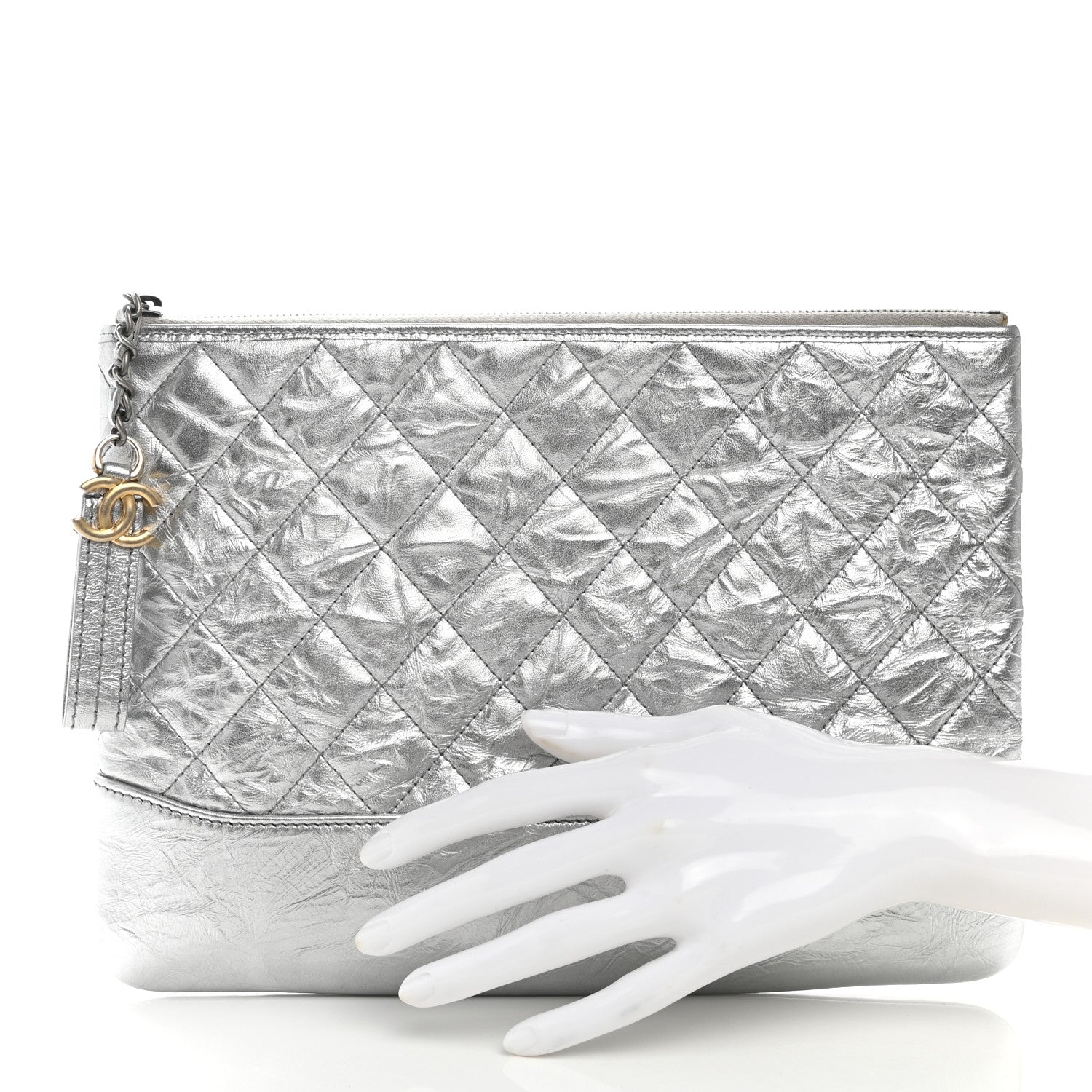 Chanel Metallic Crumpled Calfskin Quilted Medium Gabrielle Cosmetic Case Silver 2 of 9