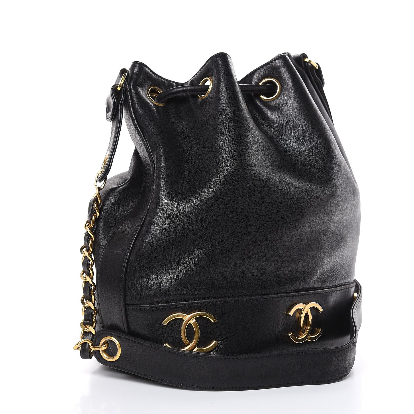 Lambskin CC Drawstring Shoulder Bag Black