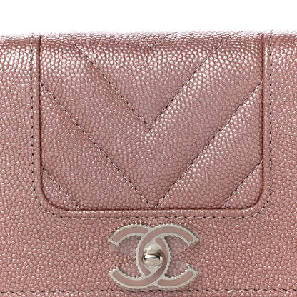 Chanel Metallic Caviar Chevron Quilted Vintage Mademoiselle Flap Card Holder Pink 9 of 12