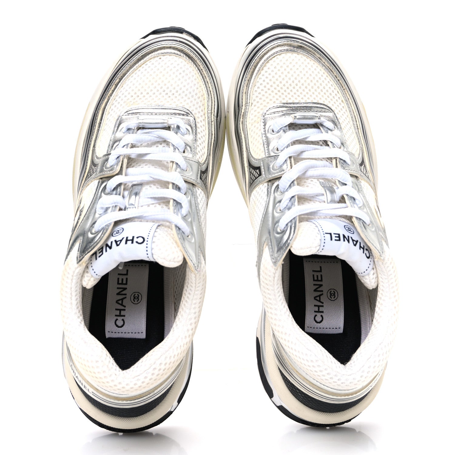 Chanel Fabric Laminated Calfskin Stretch CC Sneakers 38 White Silver 2 of 11