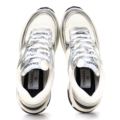 Chanel Fabric Laminated Calfskin Stretch CC Sneakers 38 White Silver 2 of 11