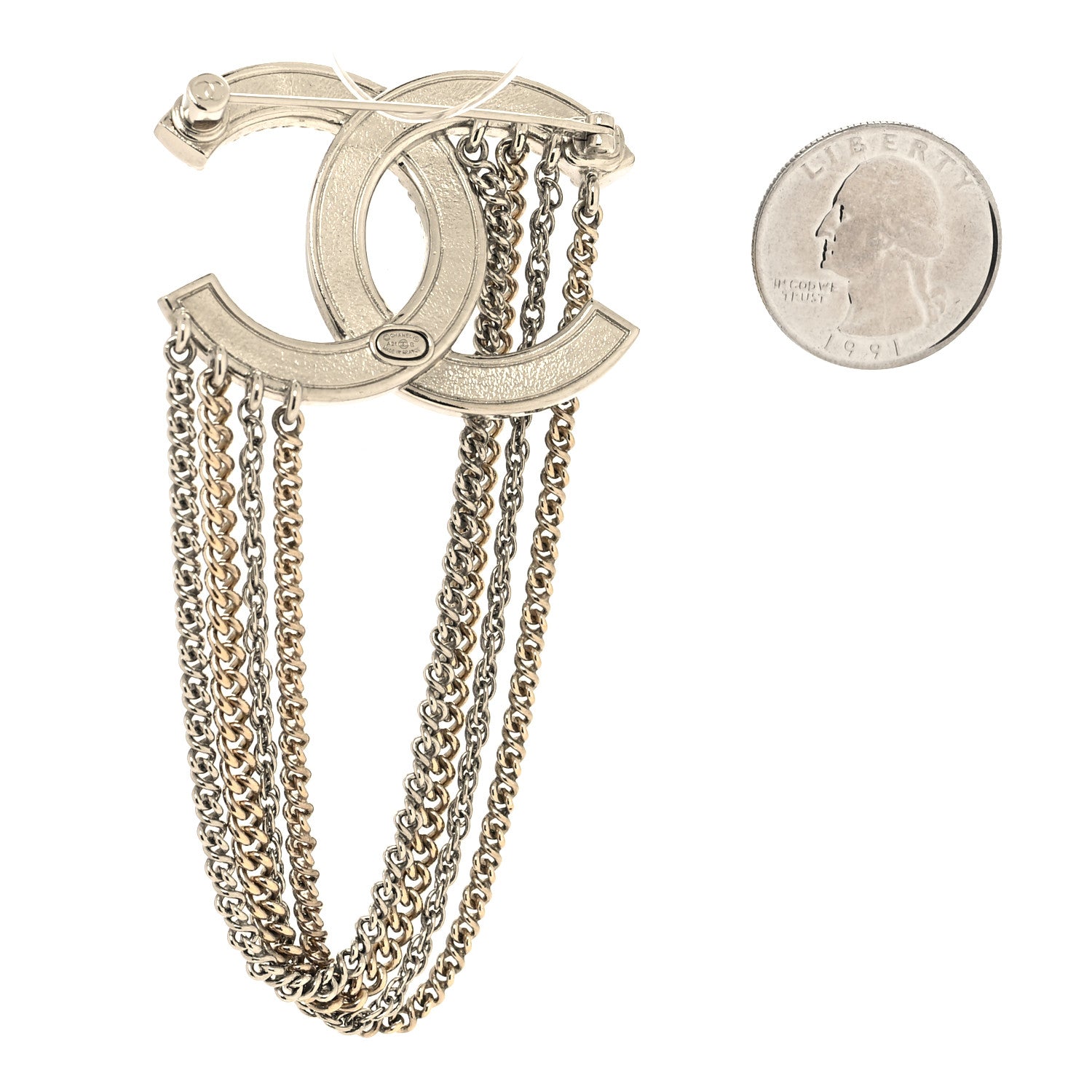 Chanel Crystal Multi Strand Chain CC Brooch Silver Gold 2 of 3