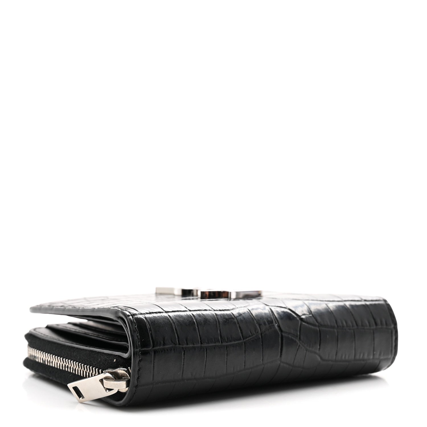 Saint Laurent Calfskin Crocodile Embossed Monogram Compact Wallet Black 4 of 7