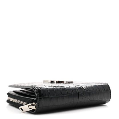 Saint Laurent Calfskin Crocodile Embossed Monogram Compact Wallet Black 4 of 7