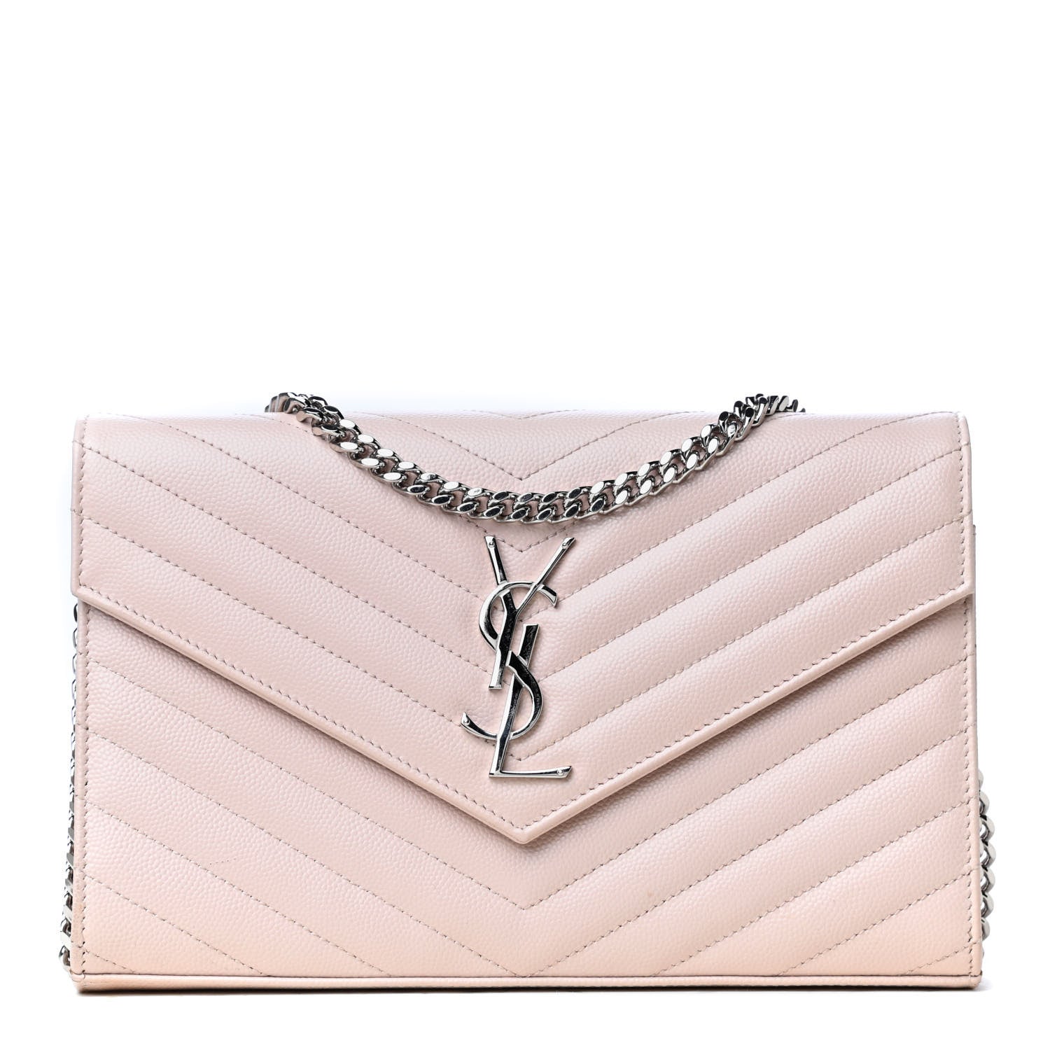 Saint Laurent Grain De Poudre Matelasse Chevron Monogram Chain Wallet Pink 1 of 8
